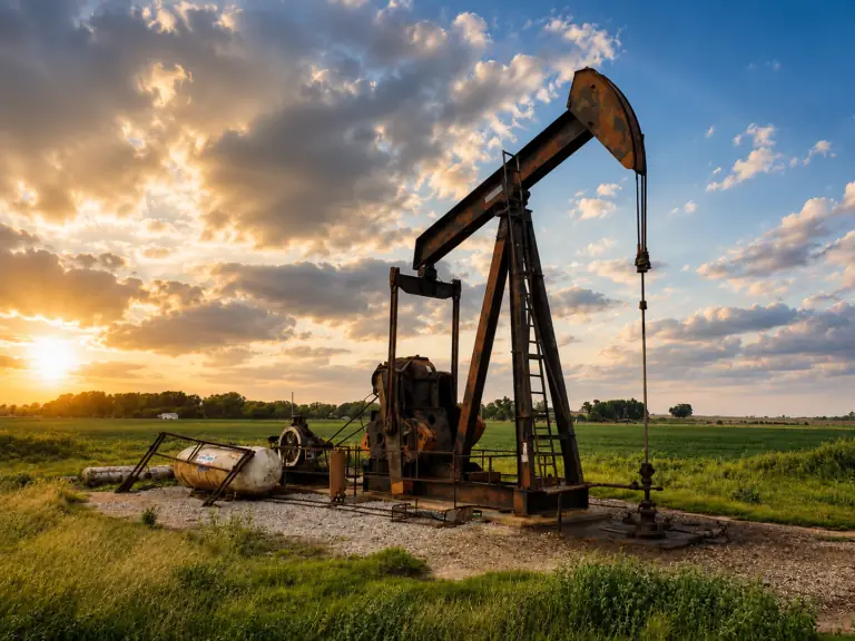 Pump jack in a field at sunset